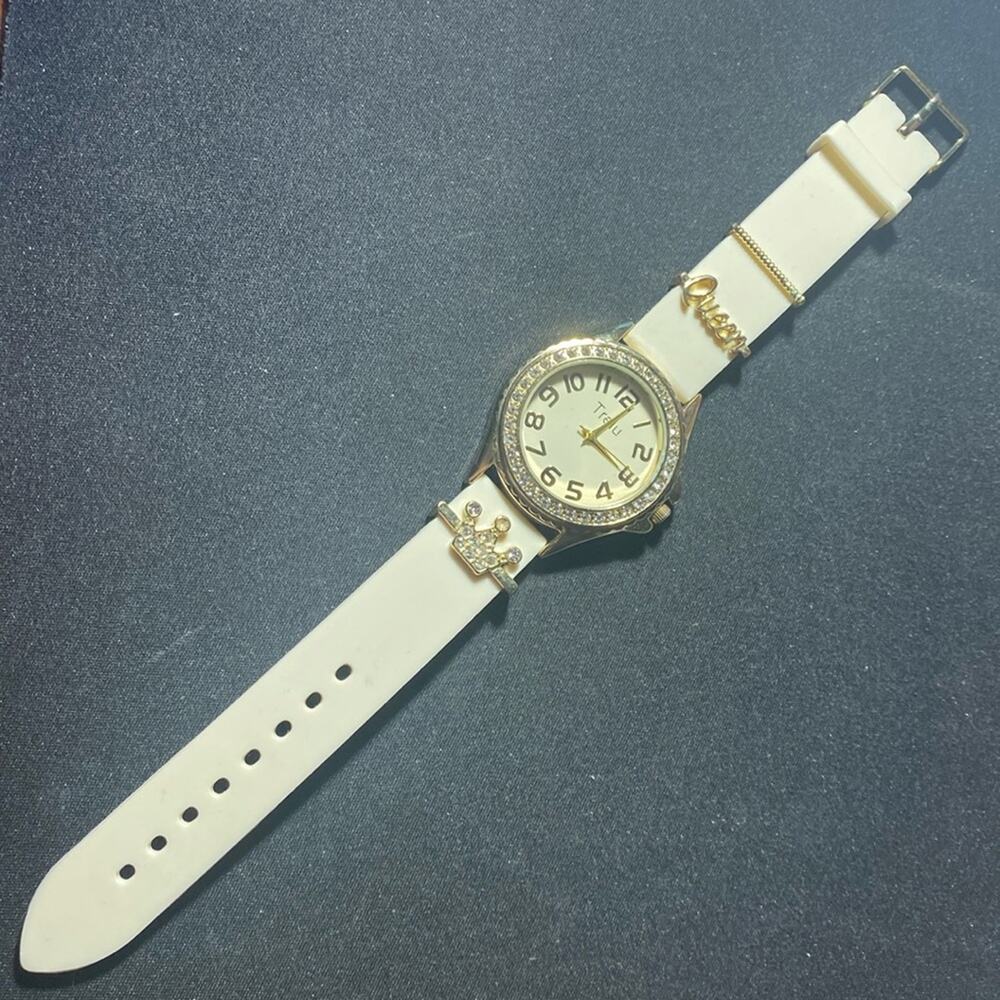 Trelu Watch Women's Gold Tone Stainless Steel Rhinestones Dial White Rubber Band